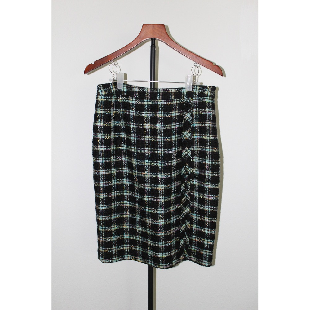 VTG Milly‎ of New York Plaid Tweed Pencil Skirt Black Turquoise Wool Sz 4